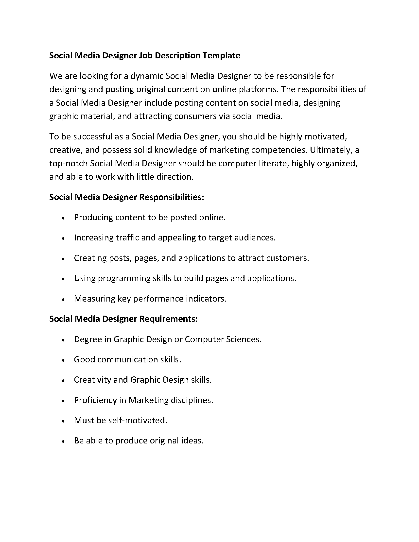 Social Media Designer Job Description Template